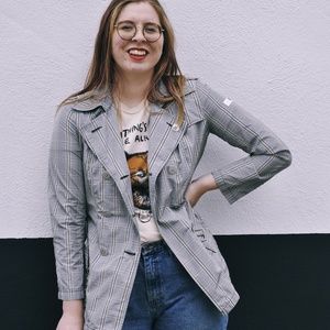 Grey tartan cropped trench coat plaid nylon jacket